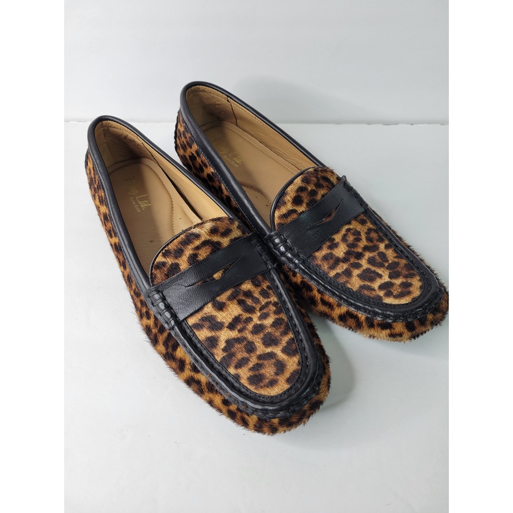 Flag Ltd Leopard Calf Hair Penny Loafers Nappa Glove Leather Driving Mocs 8.5